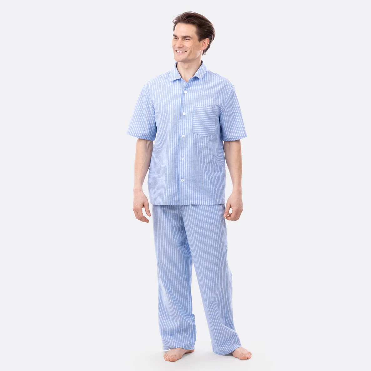 Leinenstoff hellblau gestreift Hemd Anzug nähen