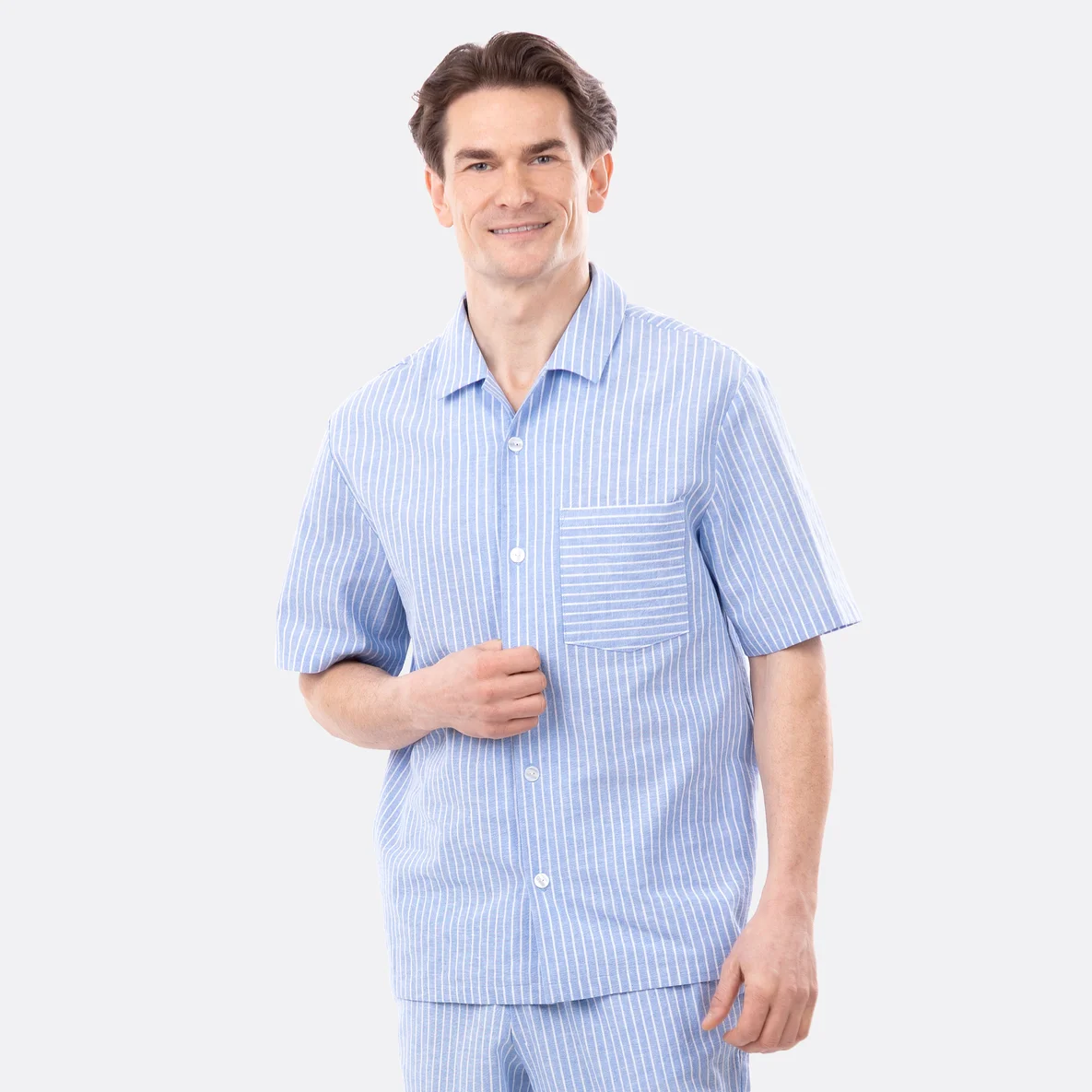 Leinstoff Streifen blau Herrenhemd Schnittmuster nähen