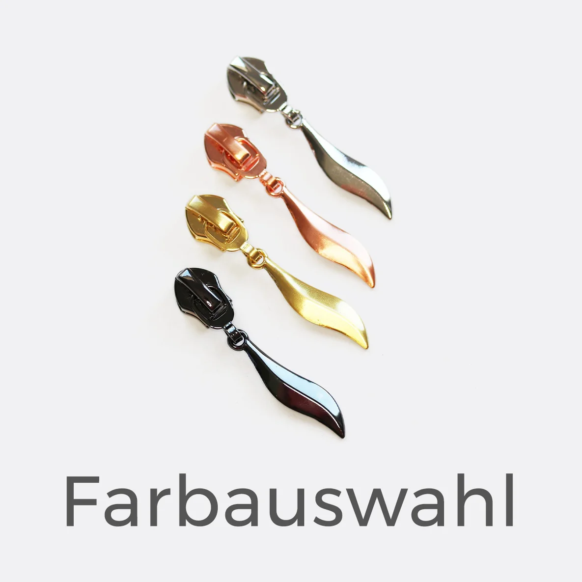 Zipper in Blattform in den Farben gold, silber, kupfer und gunmetal
