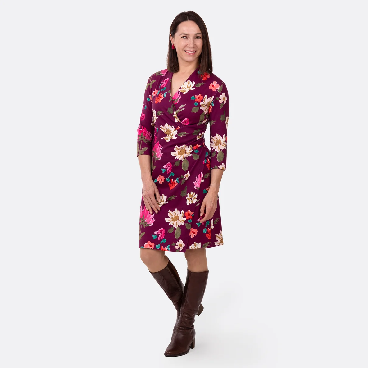 Damenkleid mit Drapierungen aus French Terry in Weinrot selber nähen