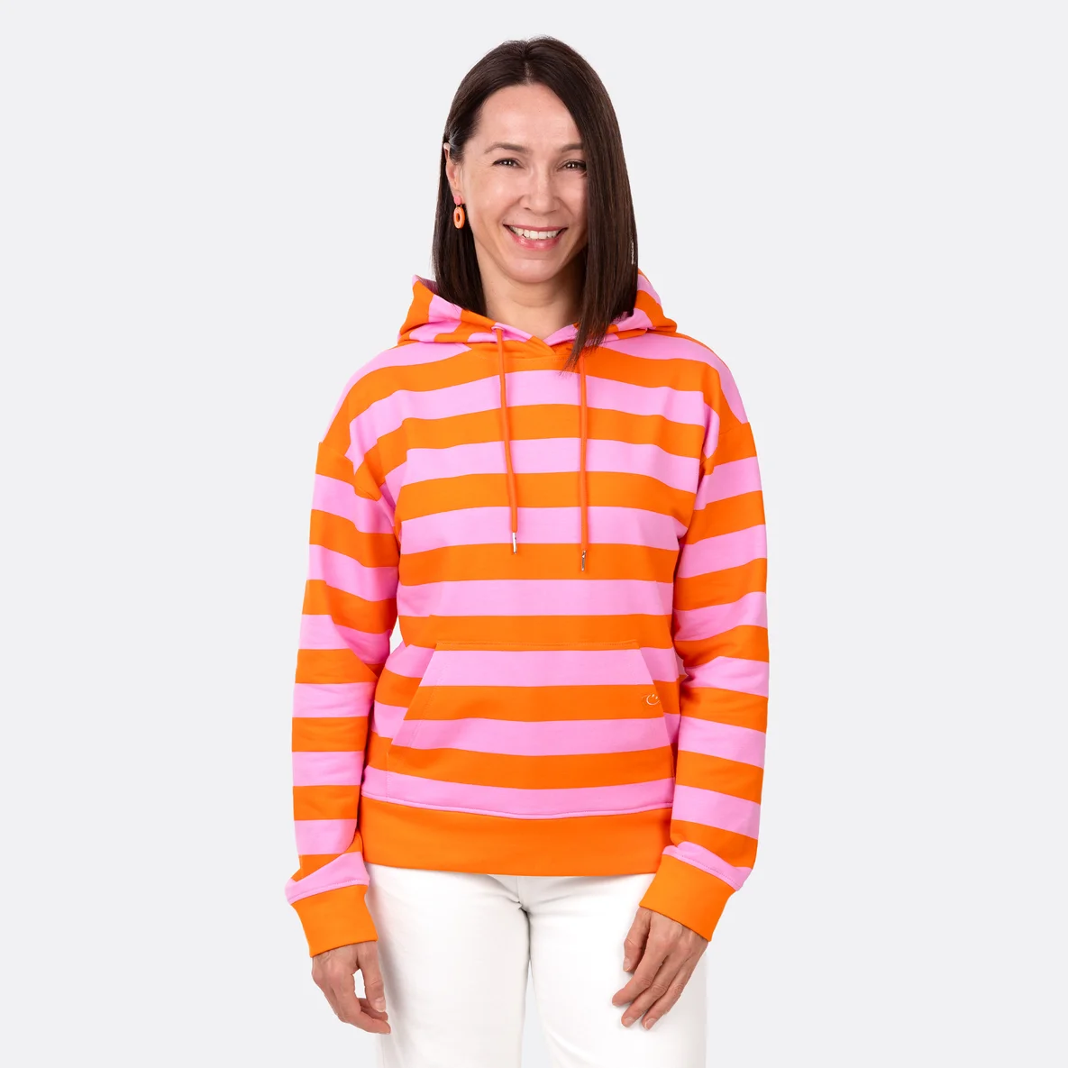 Softsweat Stoff Blockstreifen orange rosa Hoodie nähen