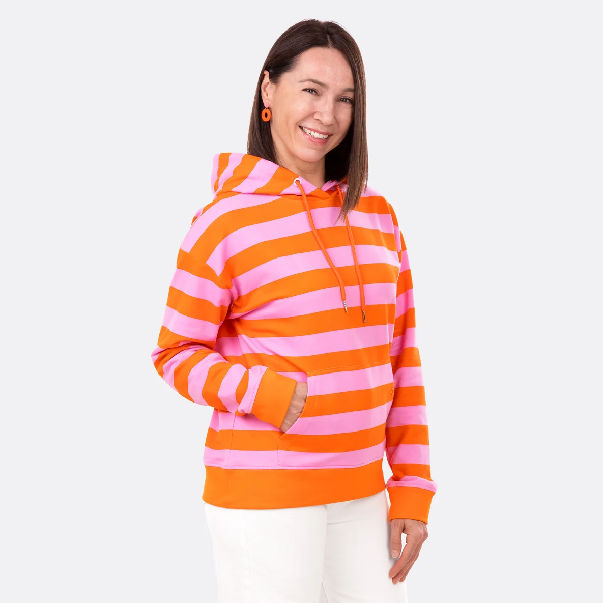 Softsweat Stoff Blockstreifen orange rosa Pulli nähen