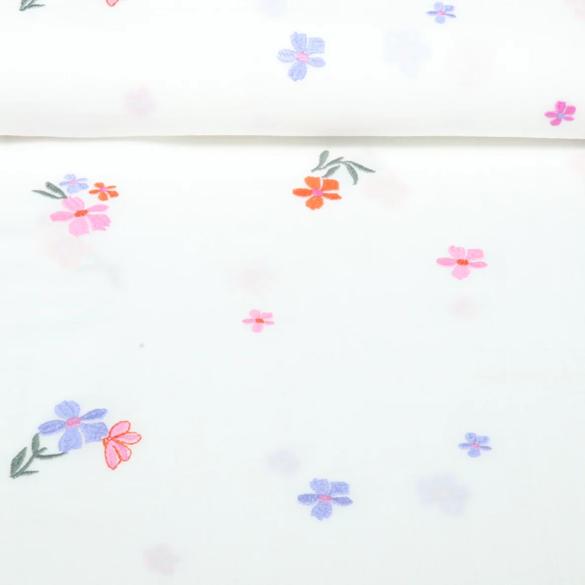  Baumwoll Musselin Double Gauze Bestickt Blumen Ecru Blau