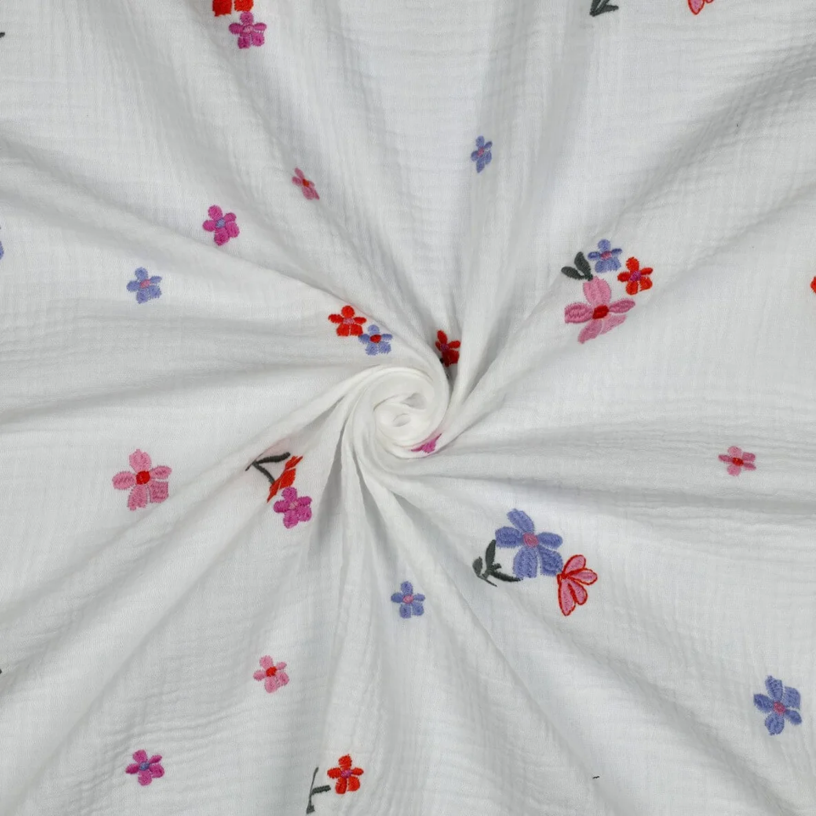  Baumwoll Musselin Double Gauze Bestickt Blumen Ecru Blau