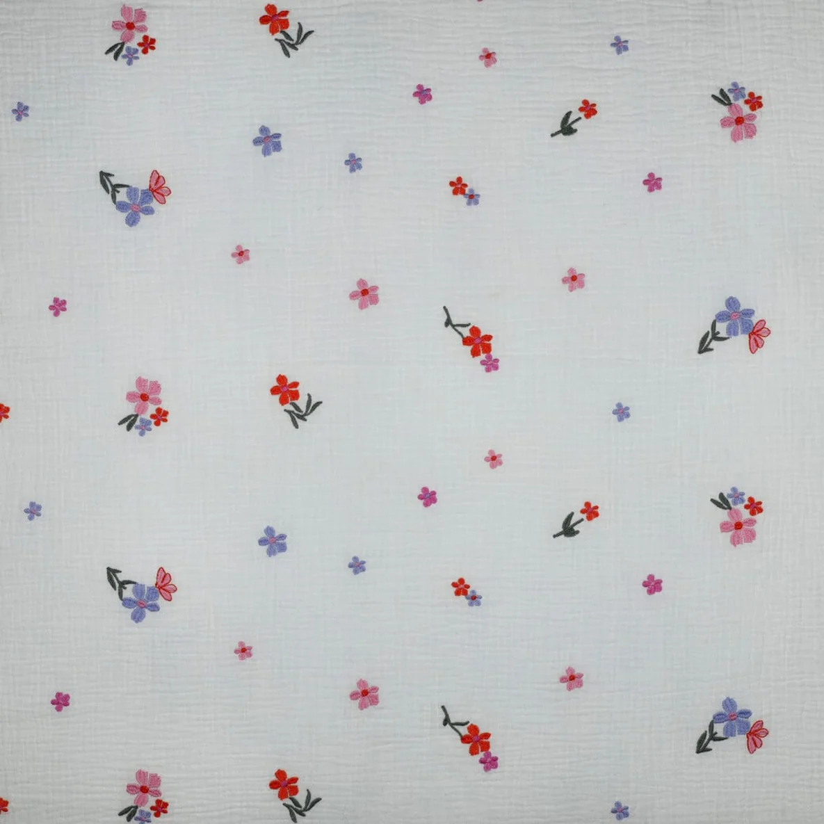  Baumwoll Musselin Double Gauze Bestickt Blumen Ecru Blau