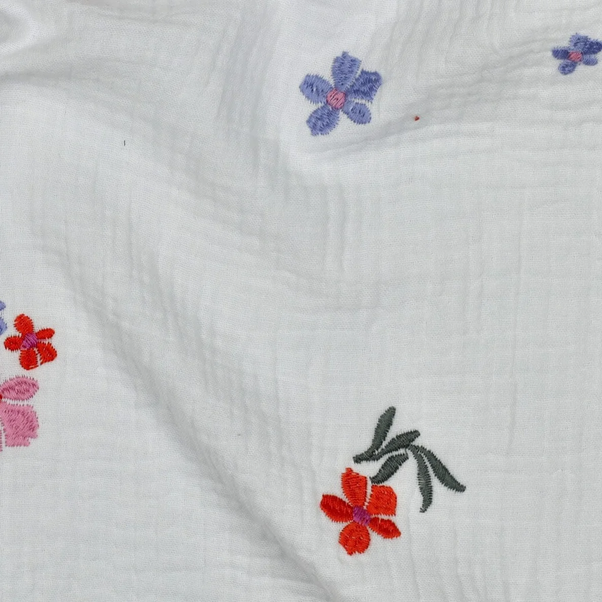  Baumwoll Musselin Double Gauze Bestickt Blumen Ecru Blau