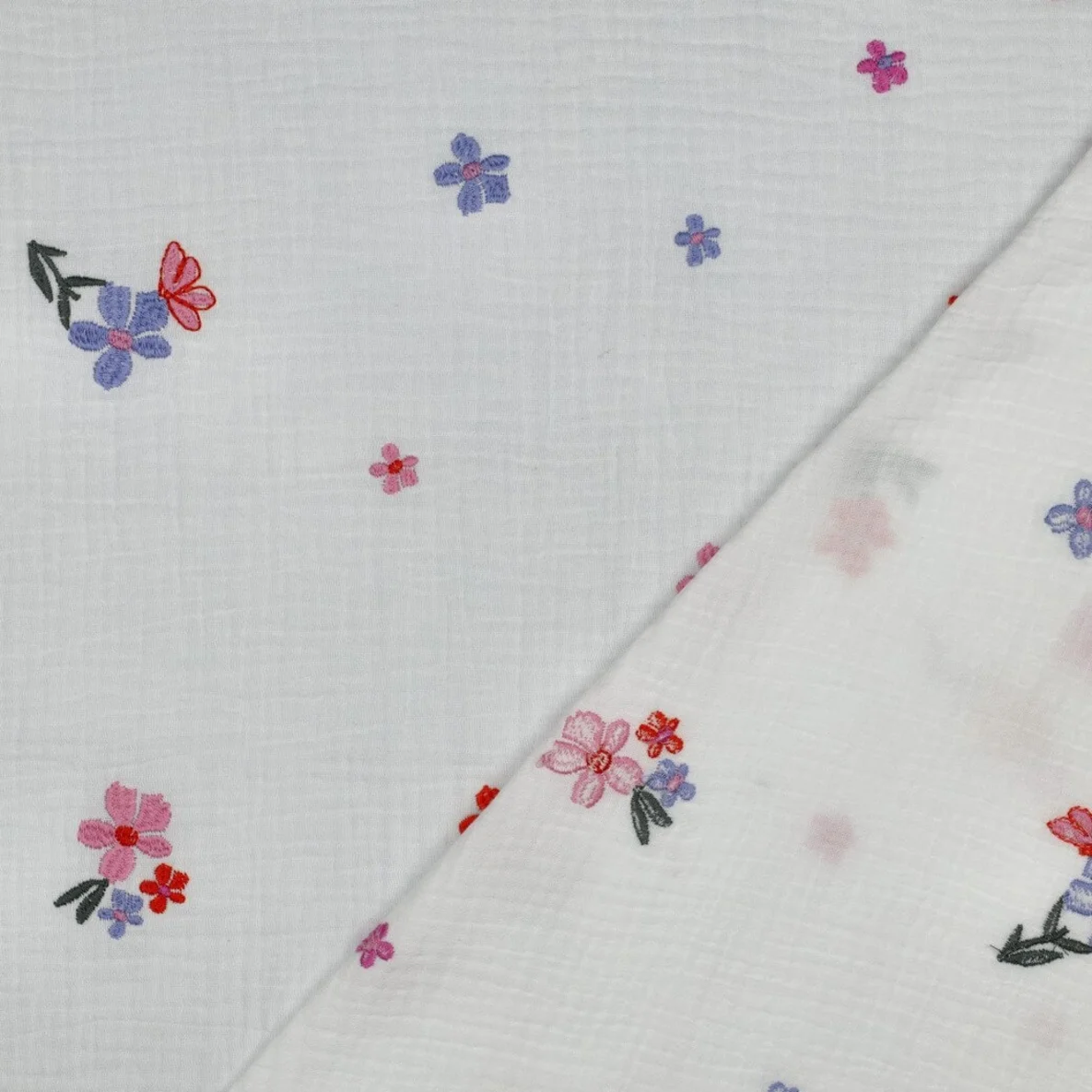  Baumwoll Musselin Double Gauze Bestickt Blumen Ecru Blau