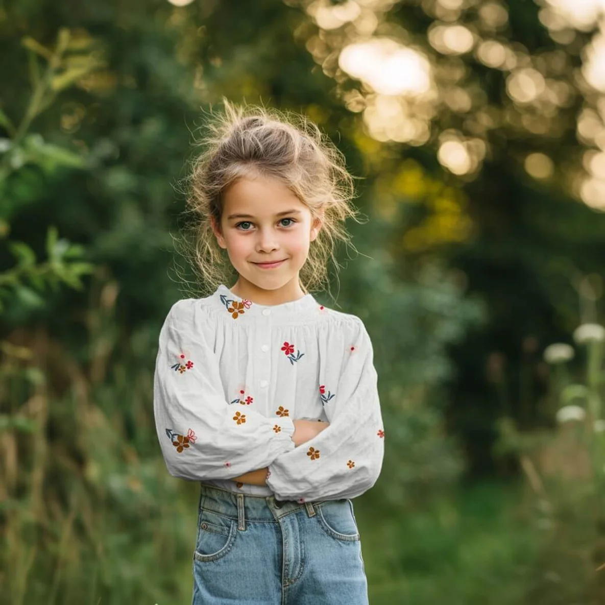  Baumwoll Musselin Double Gauze Bestickt Blumen Ecru Blau