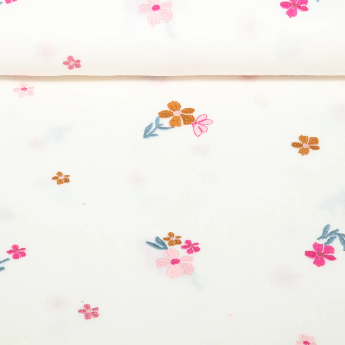  Baumwoll Musselin Double Gauze Bestickt Blumen Ecru Bronze