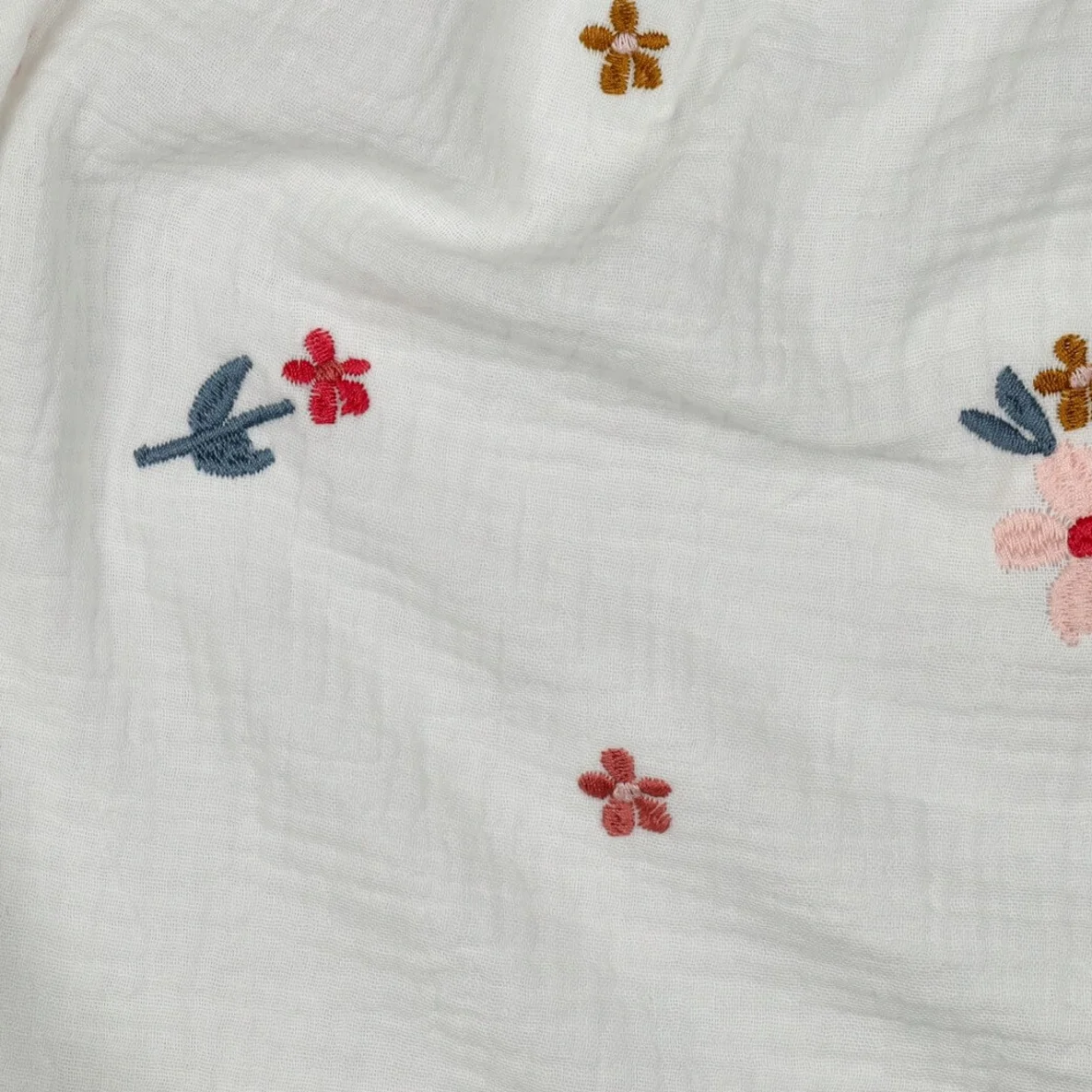  Baumwoll Musselin Double Gauze Bestickt Blumen Ecru Bronze