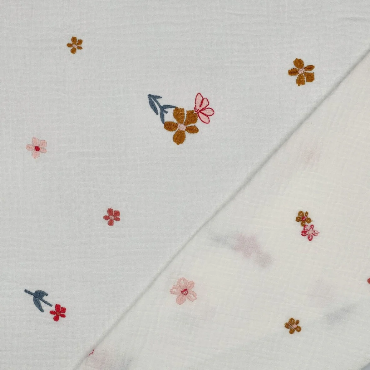  Baumwoll Musselin Double Gauze Bestickt Blumen Ecru Bronze