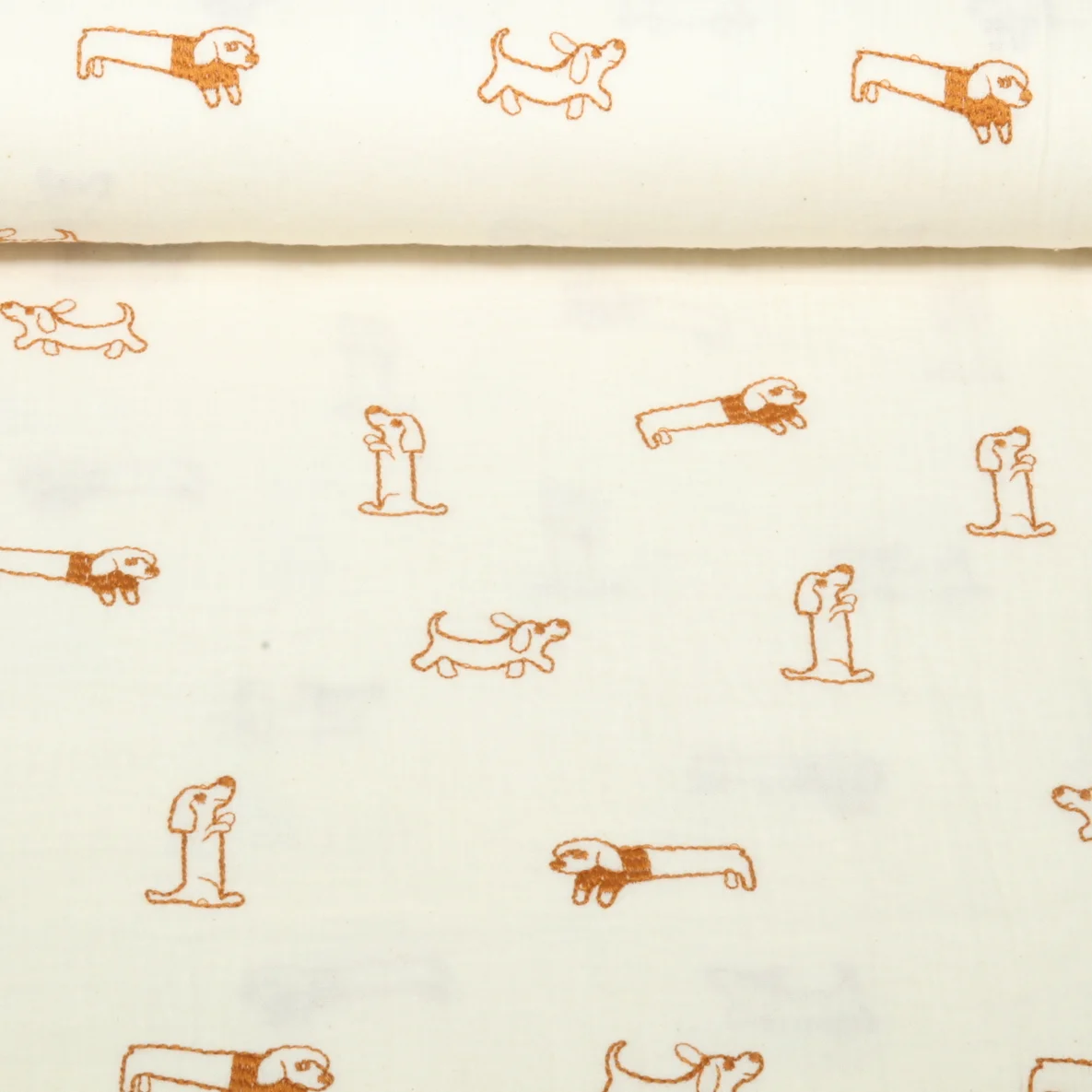  Baumwoll Musselin Double Gauze Bestickt Hunde Ecru