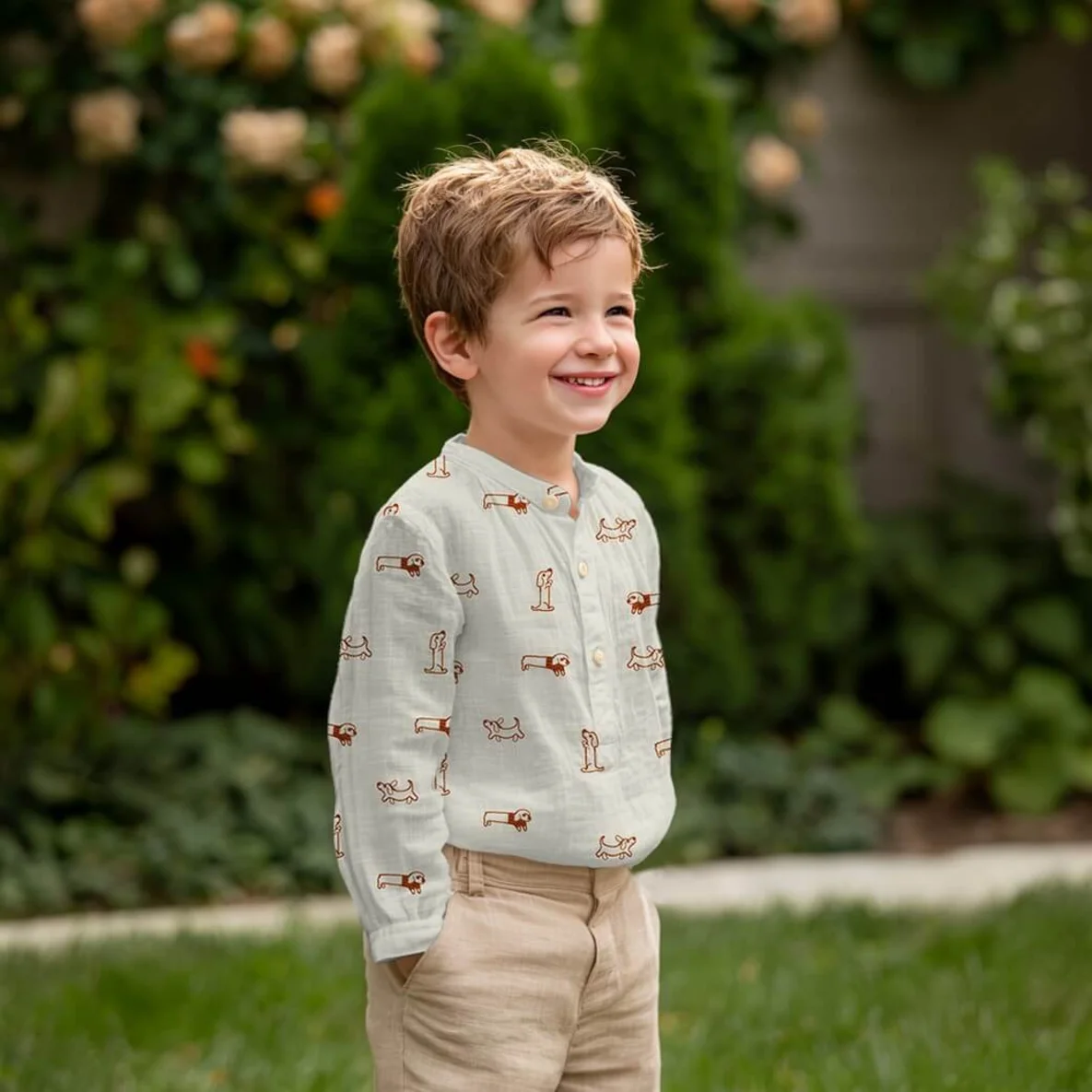  Baumwoll Musselin Double Gauze Bestickt Hunde Ecru