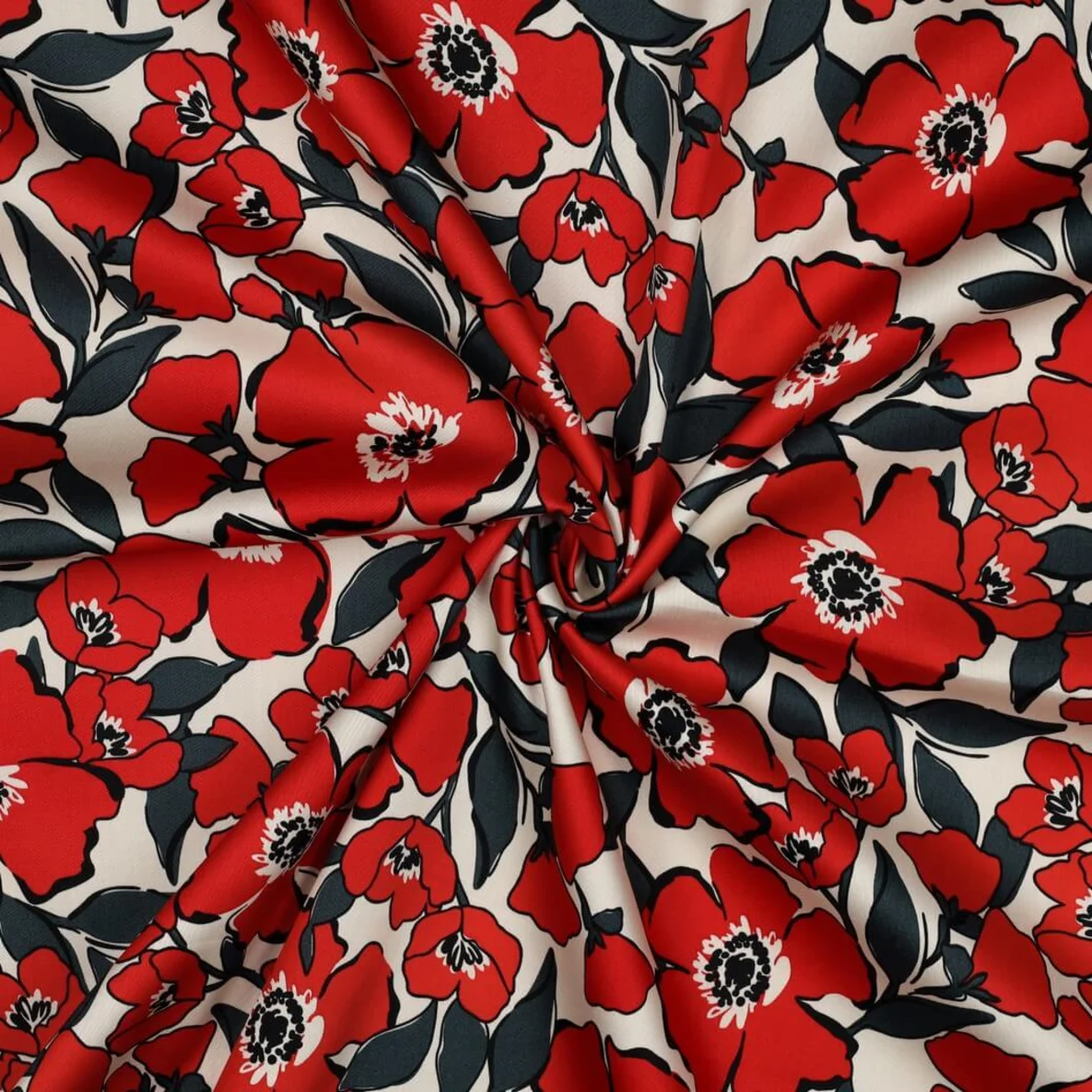  Baumwollsatin Blüten Ecru Rot
