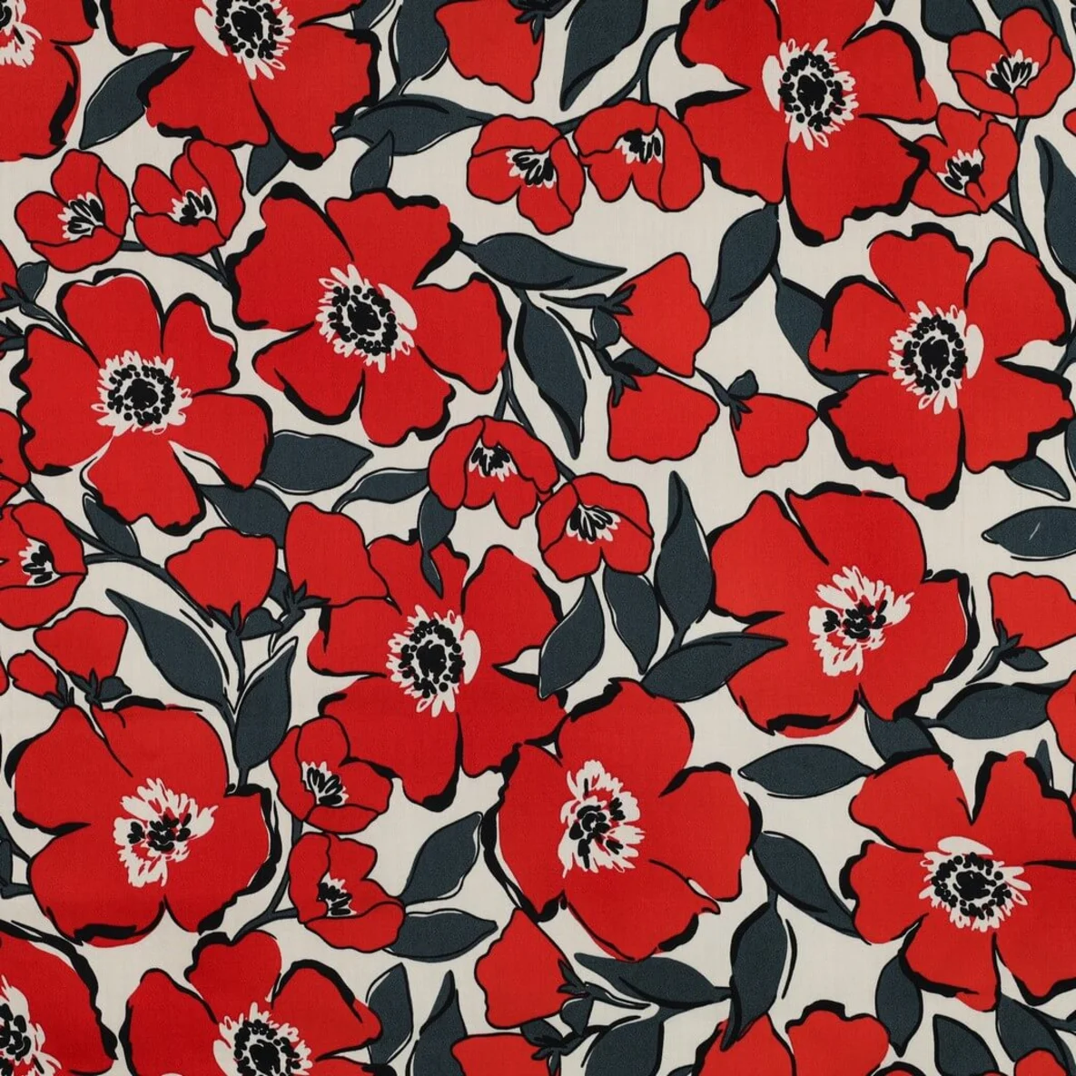  Baumwollsatin Blüten Ecru Rot