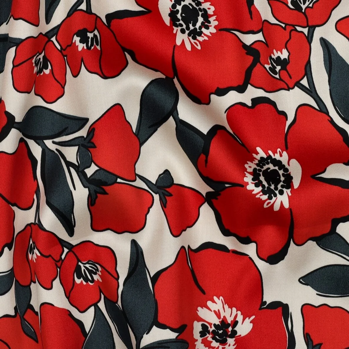  Baumwollsatin Blüten Ecru Rot