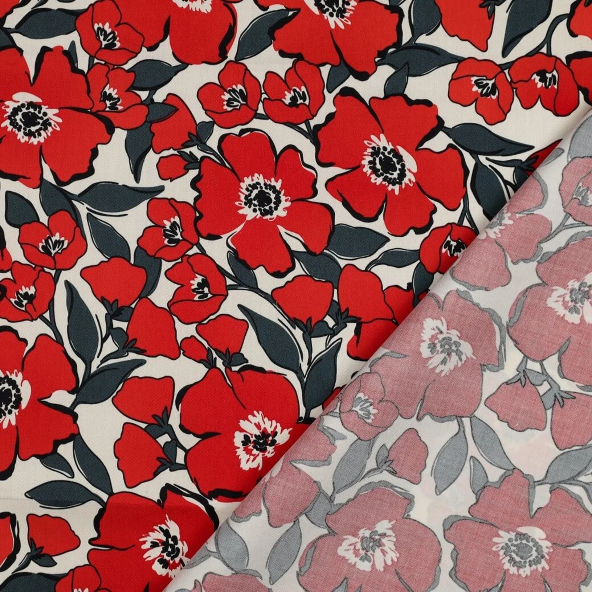  Baumwollsatin Blüten Ecru Rot