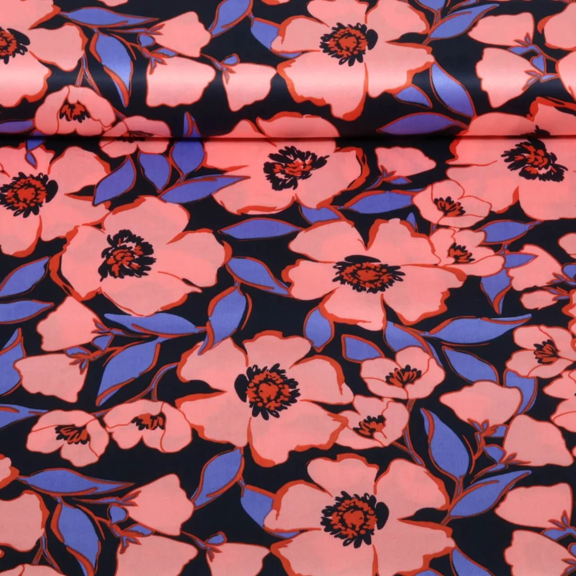  Baumwollsatin Blüten Navy Lachs