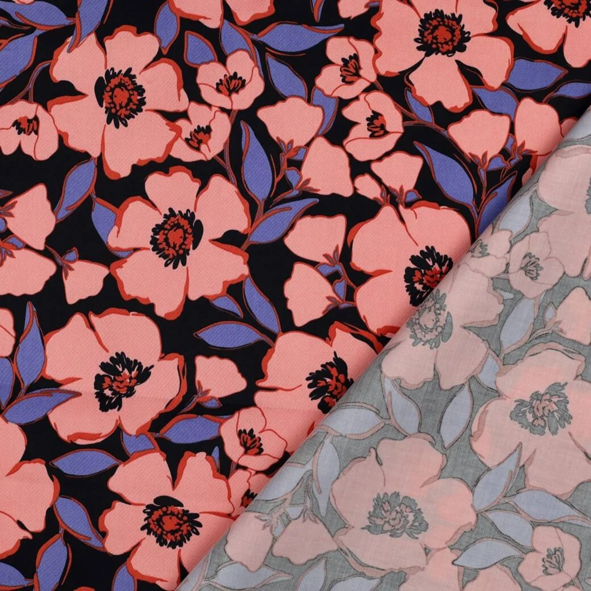  Baumwollsatin Blüten Navy Lachs