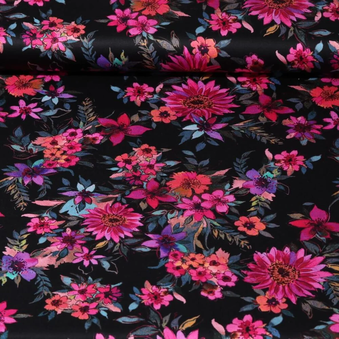  Baumwollsatin Digitaldruck Blüten Schwarz