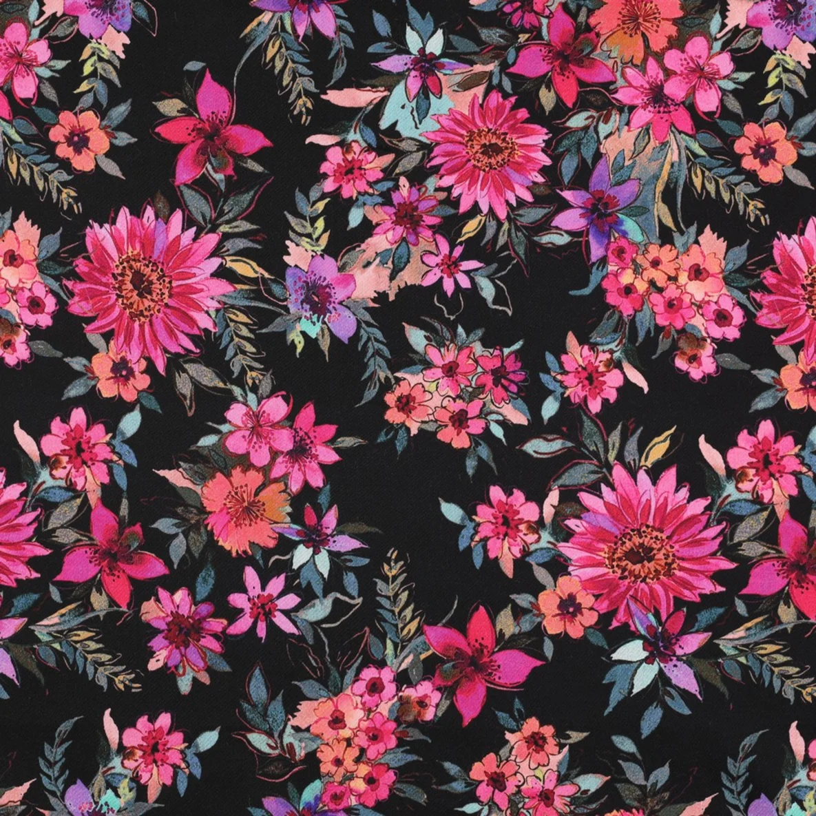  Baumwollsatin Digitaldruck Blüten Schwarz