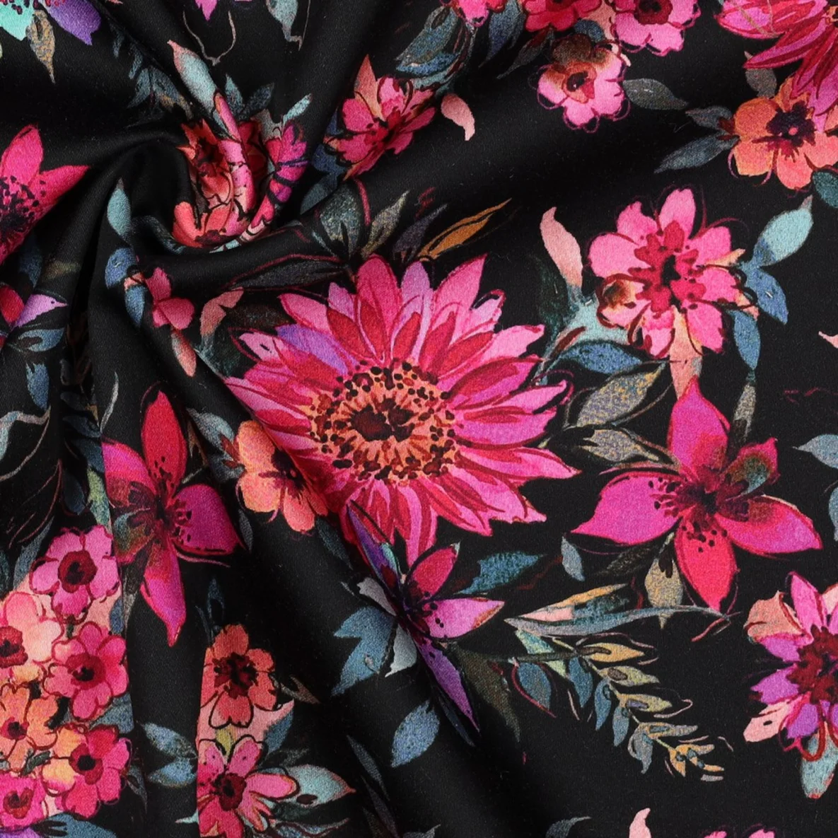  Baumwollsatin Digitaldruck Blüten Schwarz