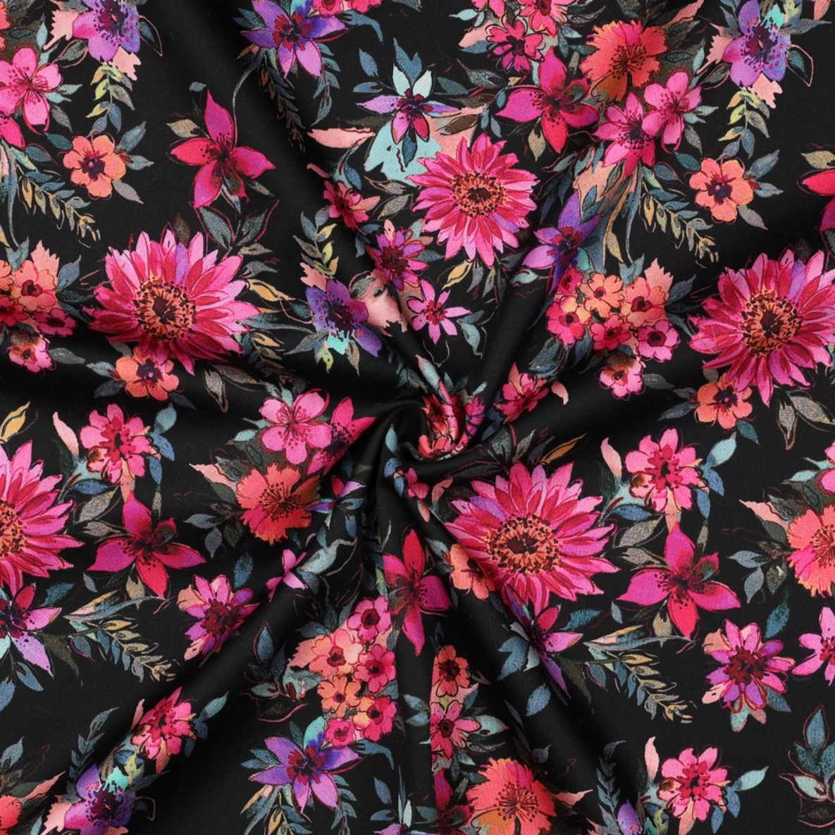  Baumwollsatin Digitaldruck Blüten Schwarz