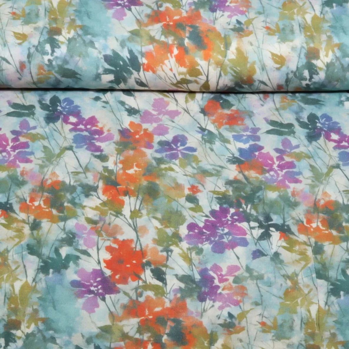  Viskose Satin  Digitaldruck Blumen Grün