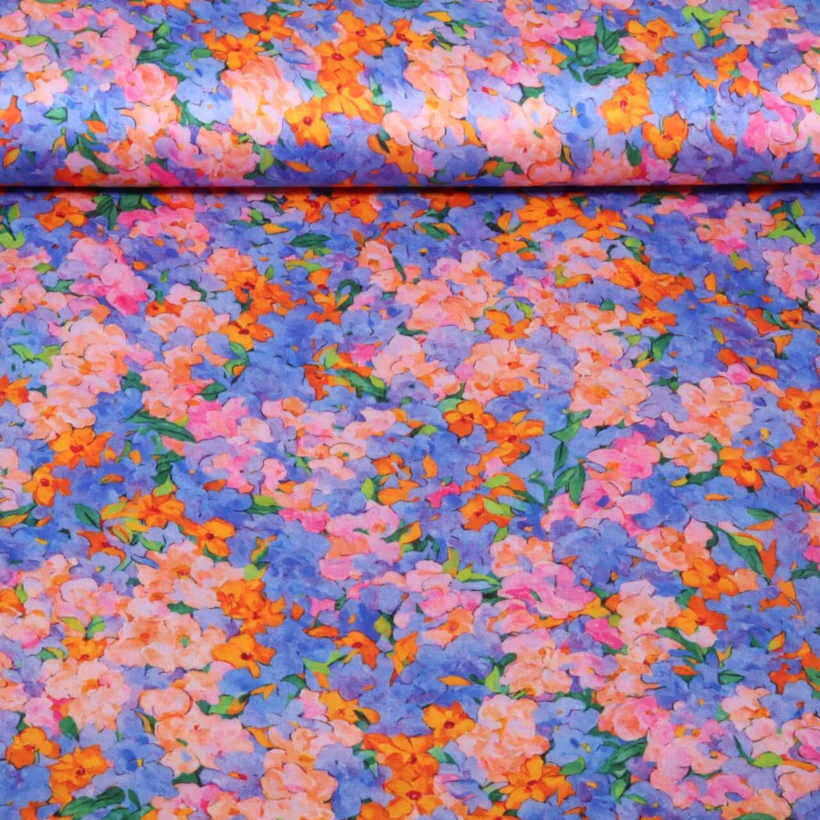  Viskose Satin  Digitaldruck Blumenmeer Blau Orange