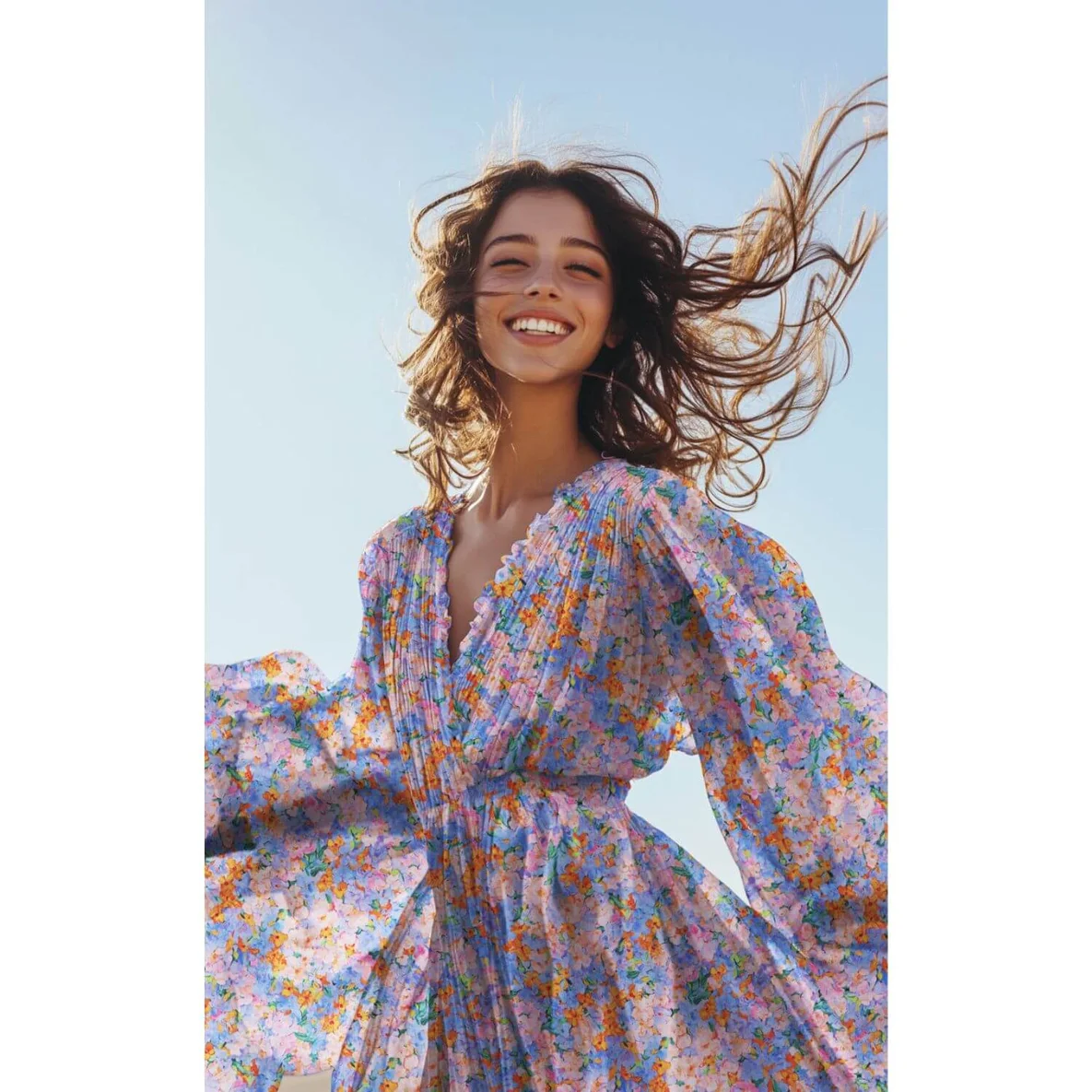  Viskose Satin  Digitaldruck Blumenmeer Blau Orange