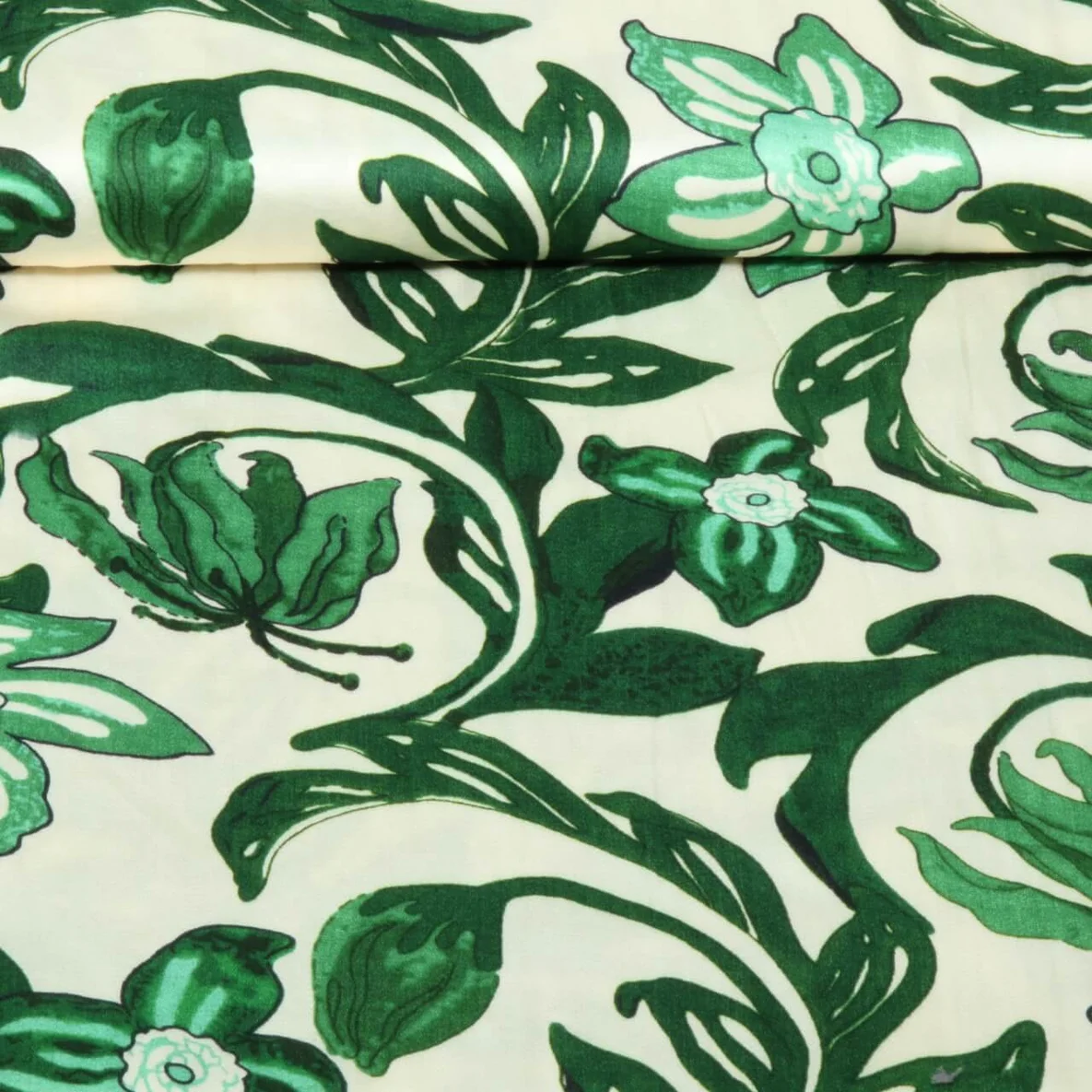  Viskose Satin  Digitaldruck Große Blätter Blüten Ecru Grün