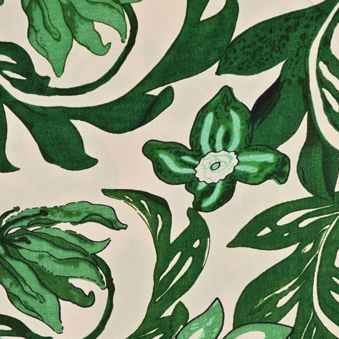  Viskose Satin  Digitaldruck Große Blätter Blüten Ecru Grün