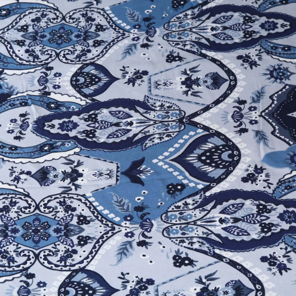  Viskose Satin Paisley Bordüre Einseitig Blau