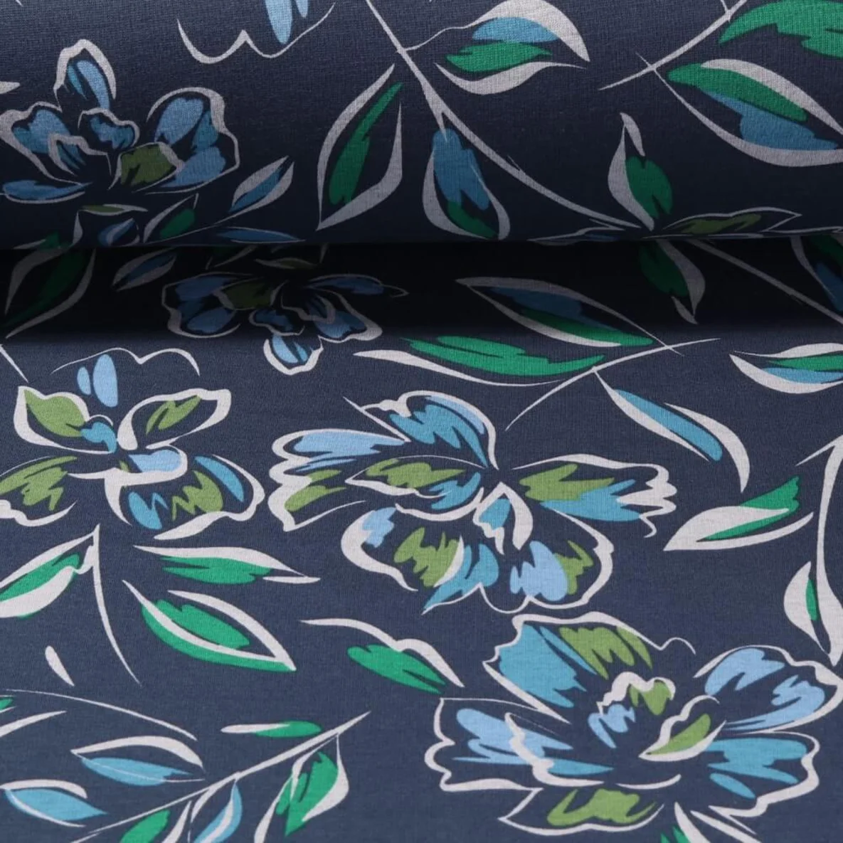 Alpenfleece Große Blumen Jeansblau Grün