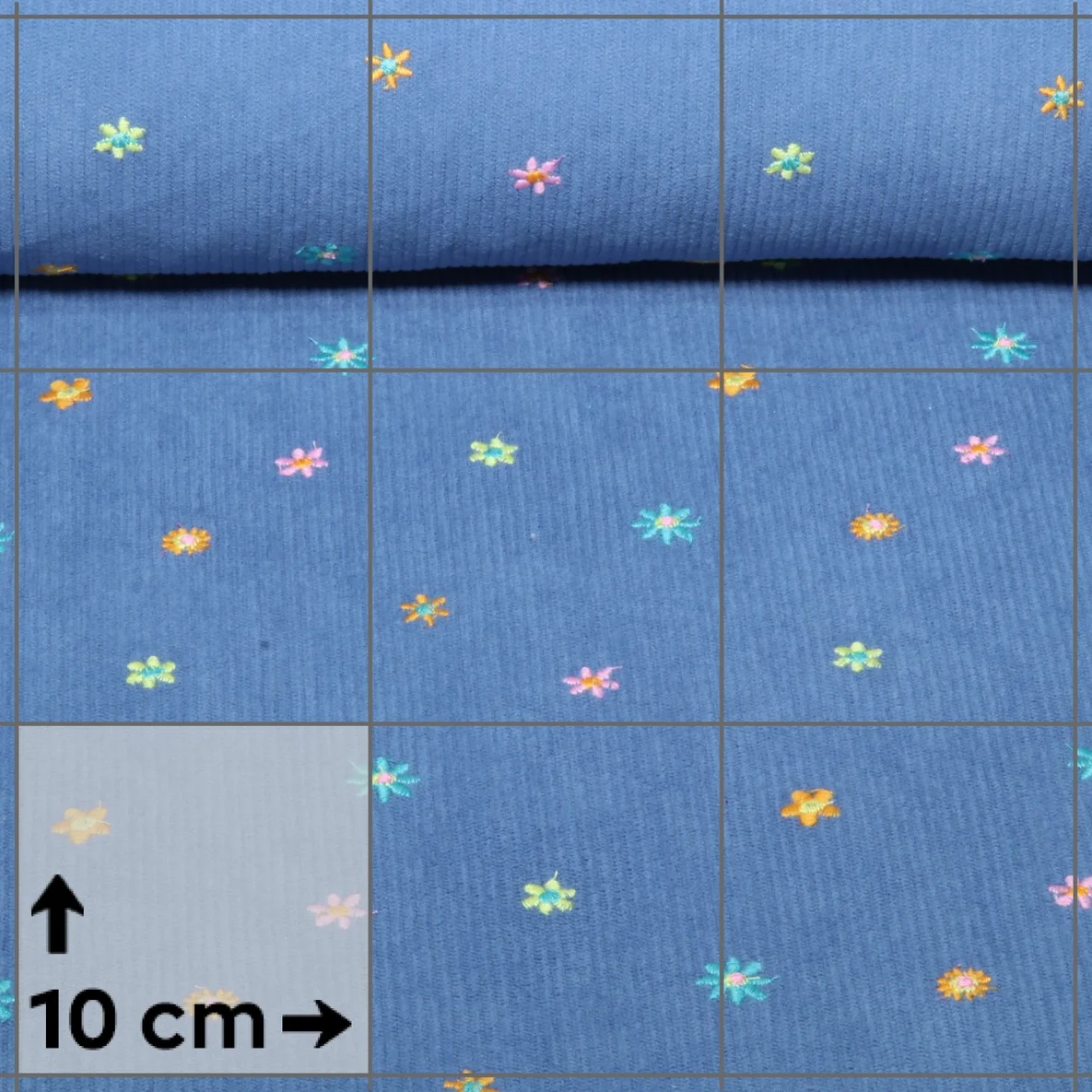 Babycord Bestickt Blüten Jeansblau