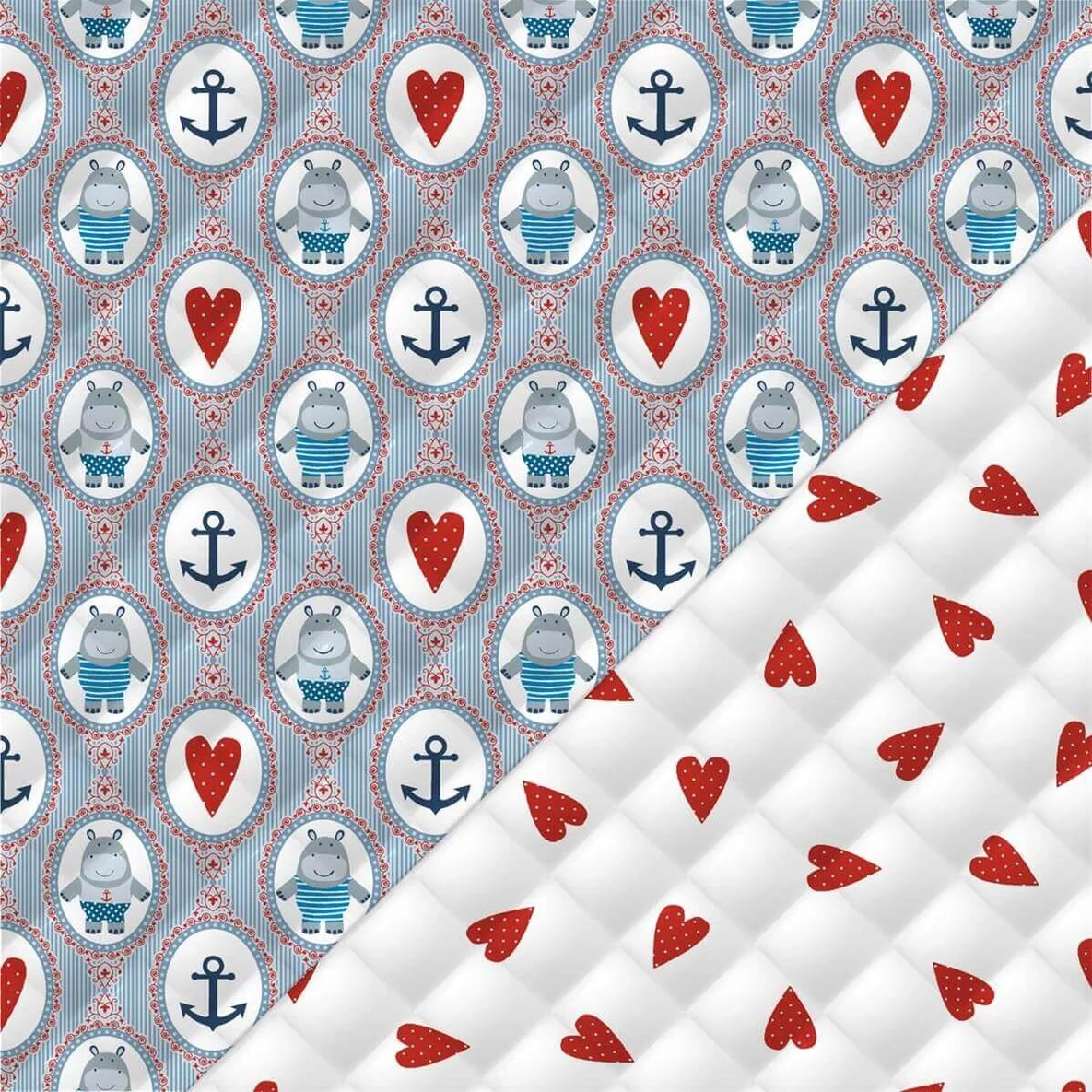 Babystepp Doubleface Hippo und Herzen Blau Rot