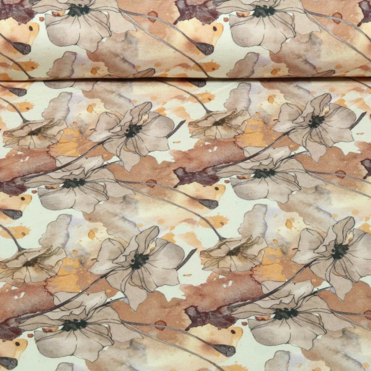 Bambus Viskosejersey  Digitaldruck Blüten Aquarell Beige