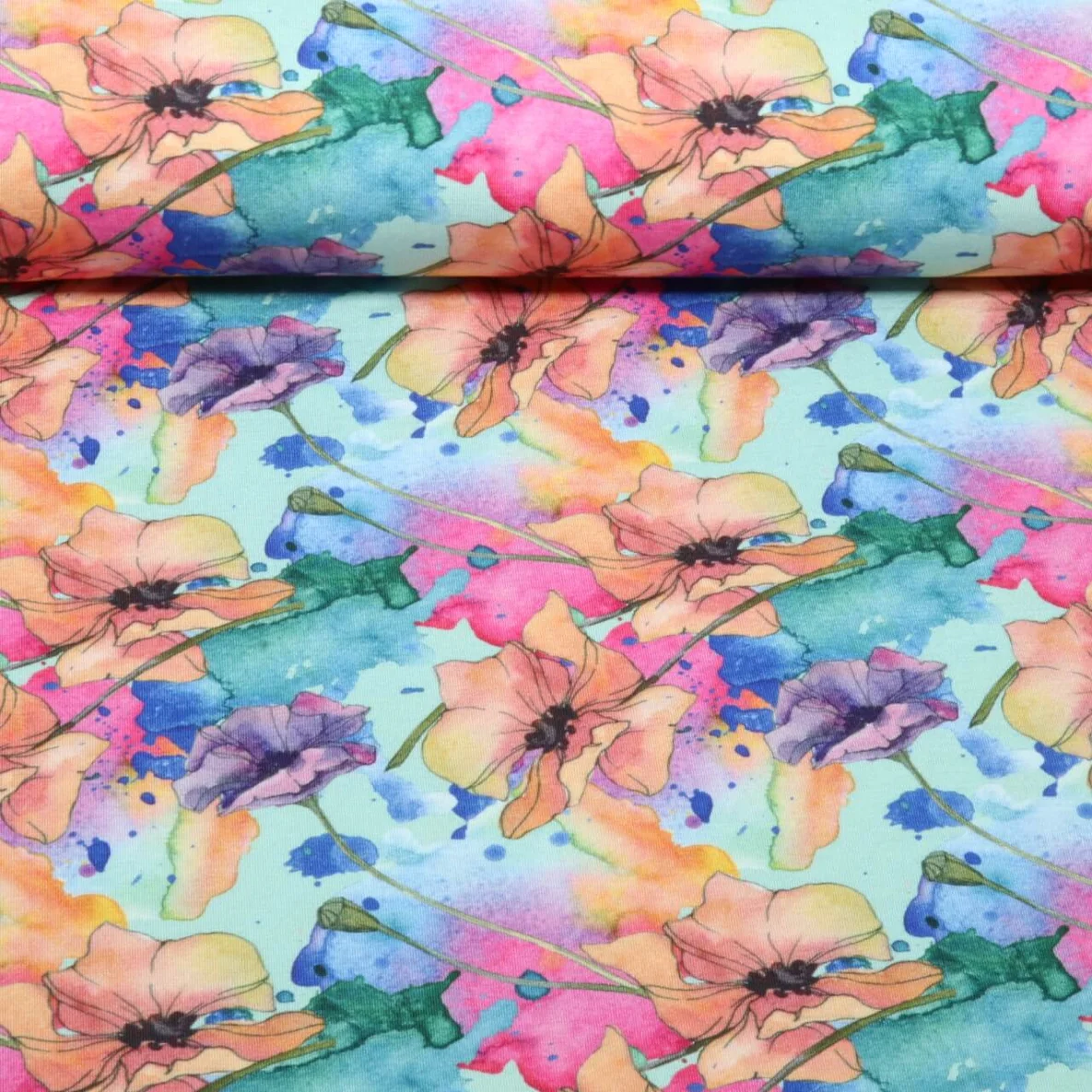 Bambus Viskosejersey  Digitaldruck Blüten Aquarell Mint