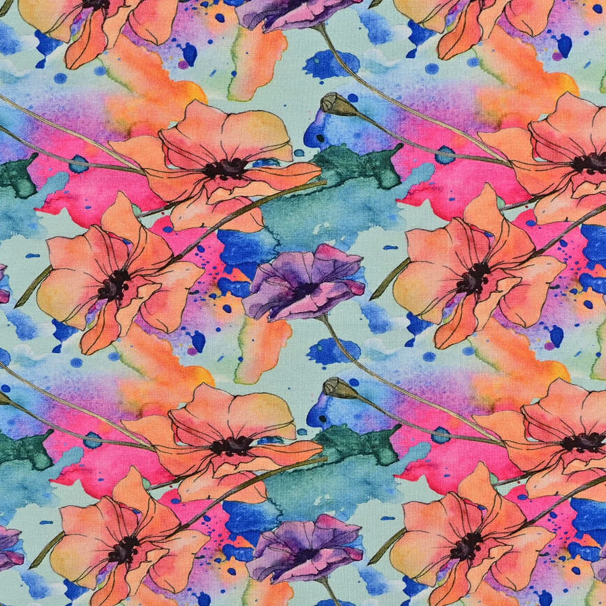 Bambus Viskosejersey  Digitaldruck Blüten Aquarell Mint