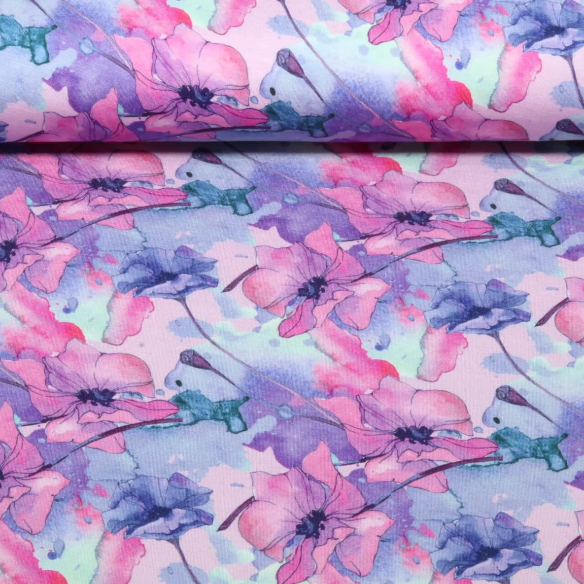 Bambus Viskosejersey  Digitaldruck Blüten Aquarell Rosa