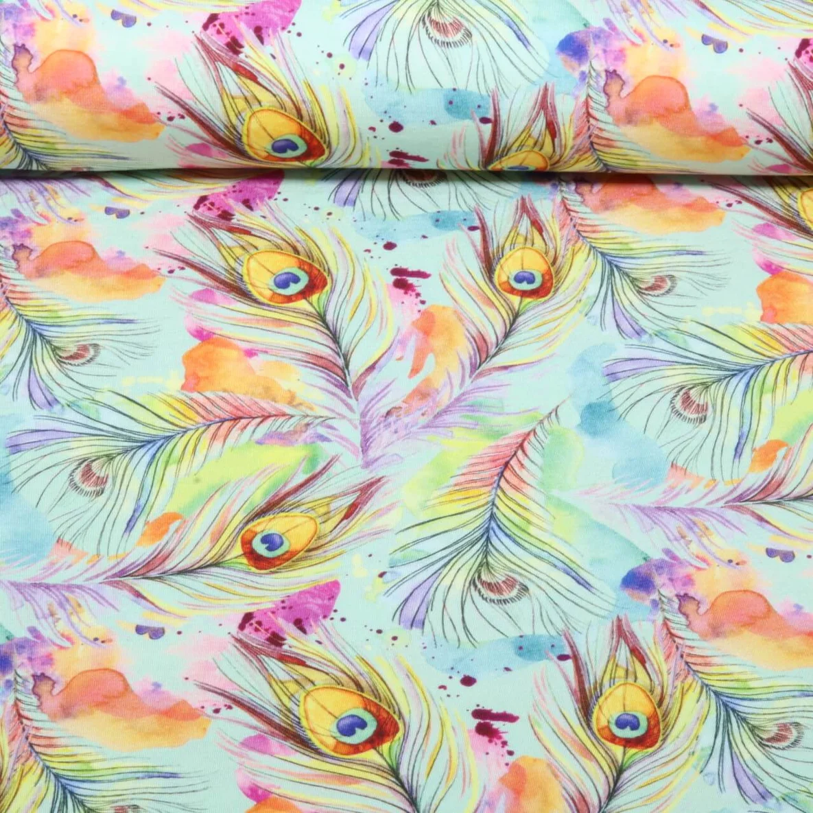 Bambus Viskosejersey  Digitaldruck Pfauenfedern Mint