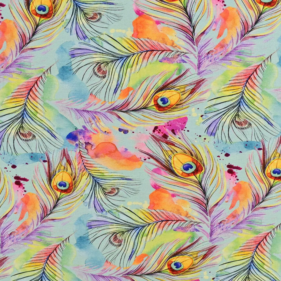 Bambus Viskosejersey  Digitaldruck Pfauenfedern Mint