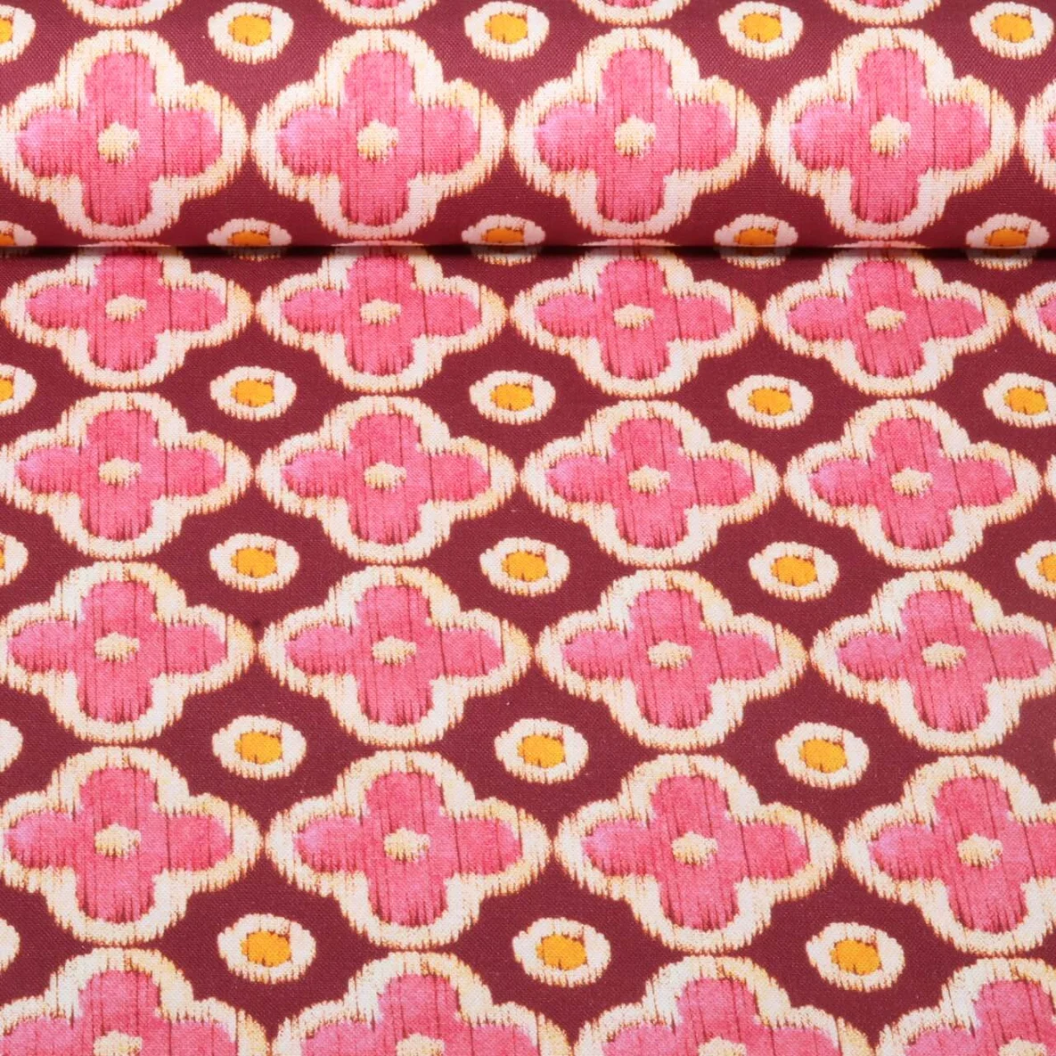Baumwoll-Canvas Digitaldruck Blüten Punkte Bordeaux