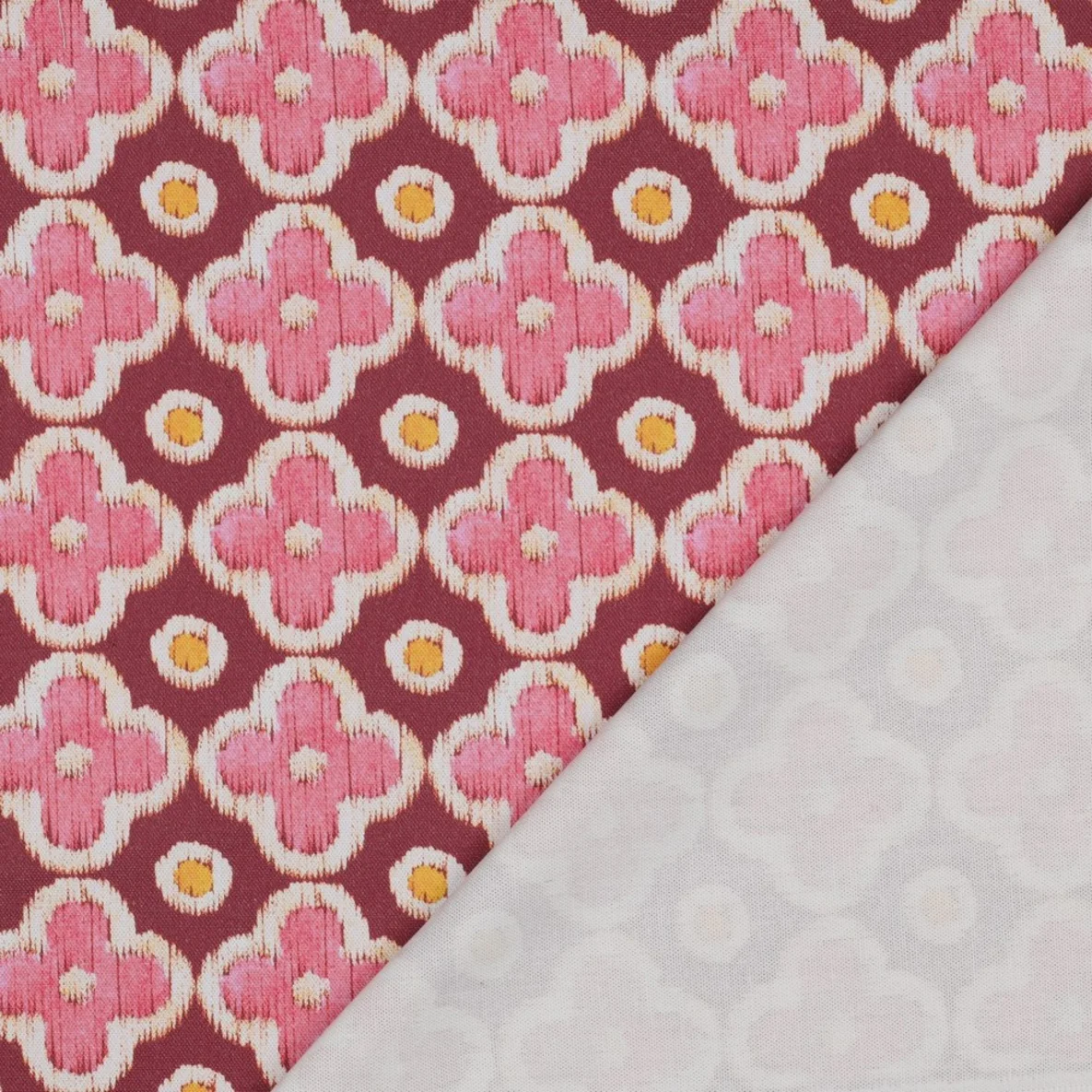 Baumwoll-Canvas Digitaldruck Blüten Punkte Bordeaux