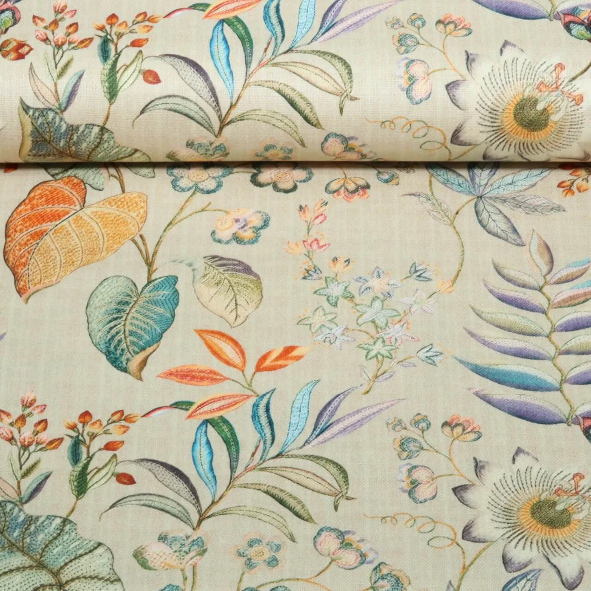 Baumwoll-Canvas Digitaldruck Leinenlook Blüten Blätter Natur