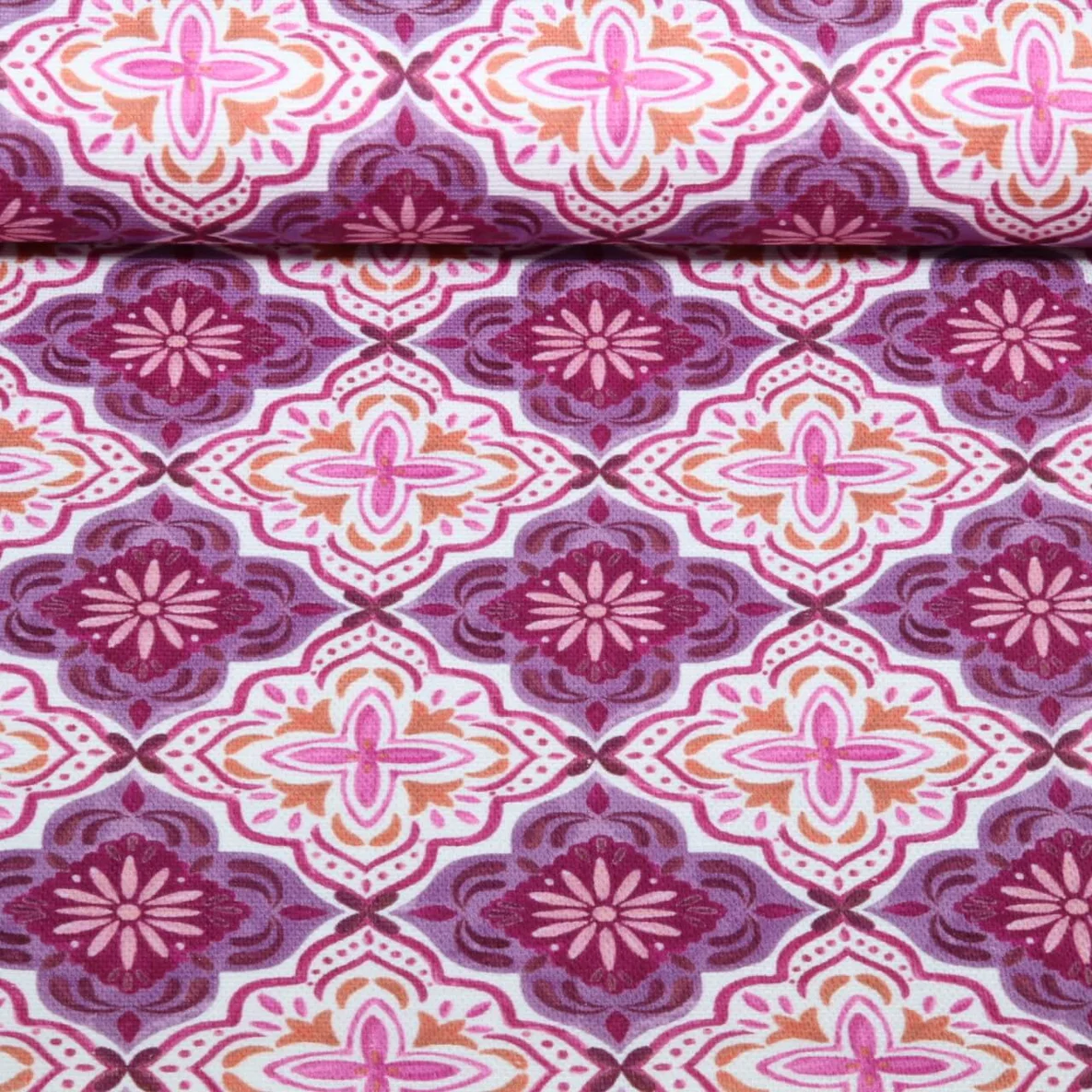 Baumwoll-Canvas Digitaldruck Slub Ornamente Blüten Weiß Lila