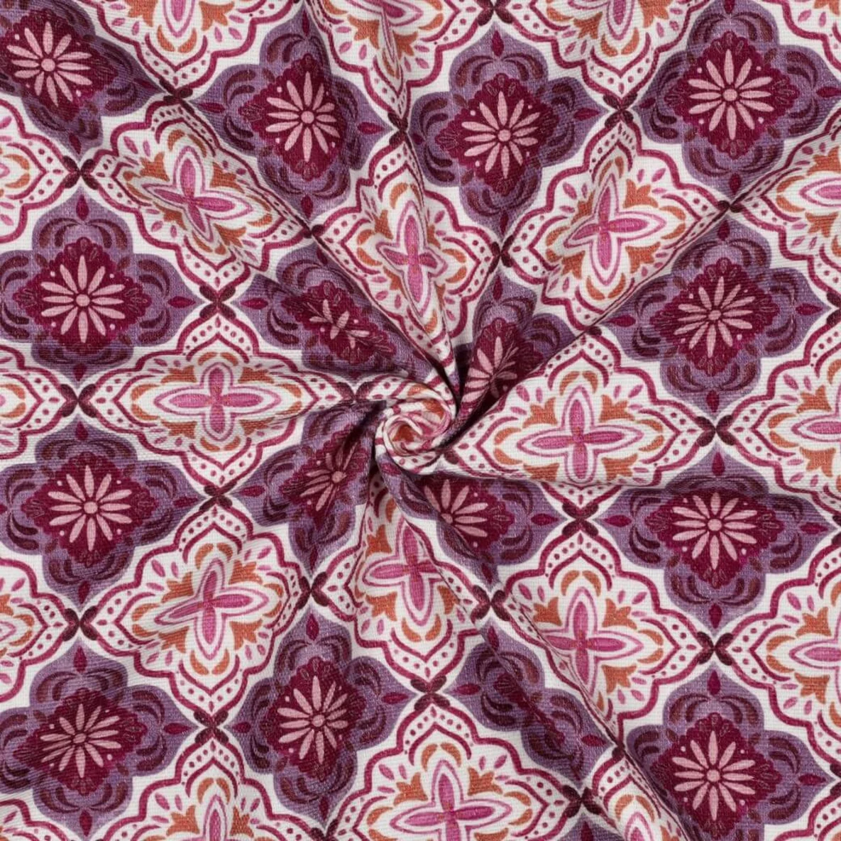 Baumwoll-Canvas Digitaldruck Slub Ornamente Blüten Weiß Lila