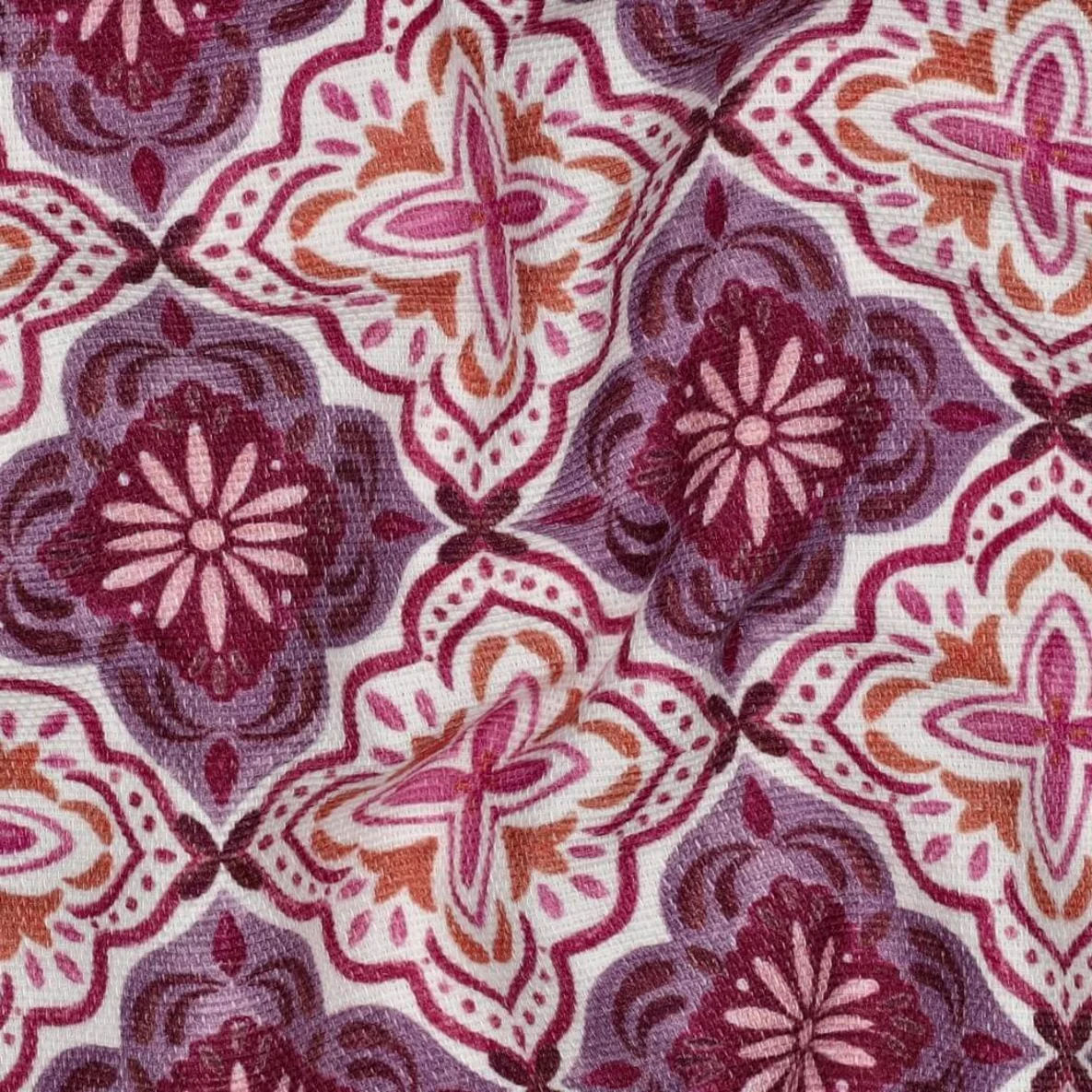 Baumwoll-Canvas Digitaldruck Slub Ornamente Blüten Weiß Lila
