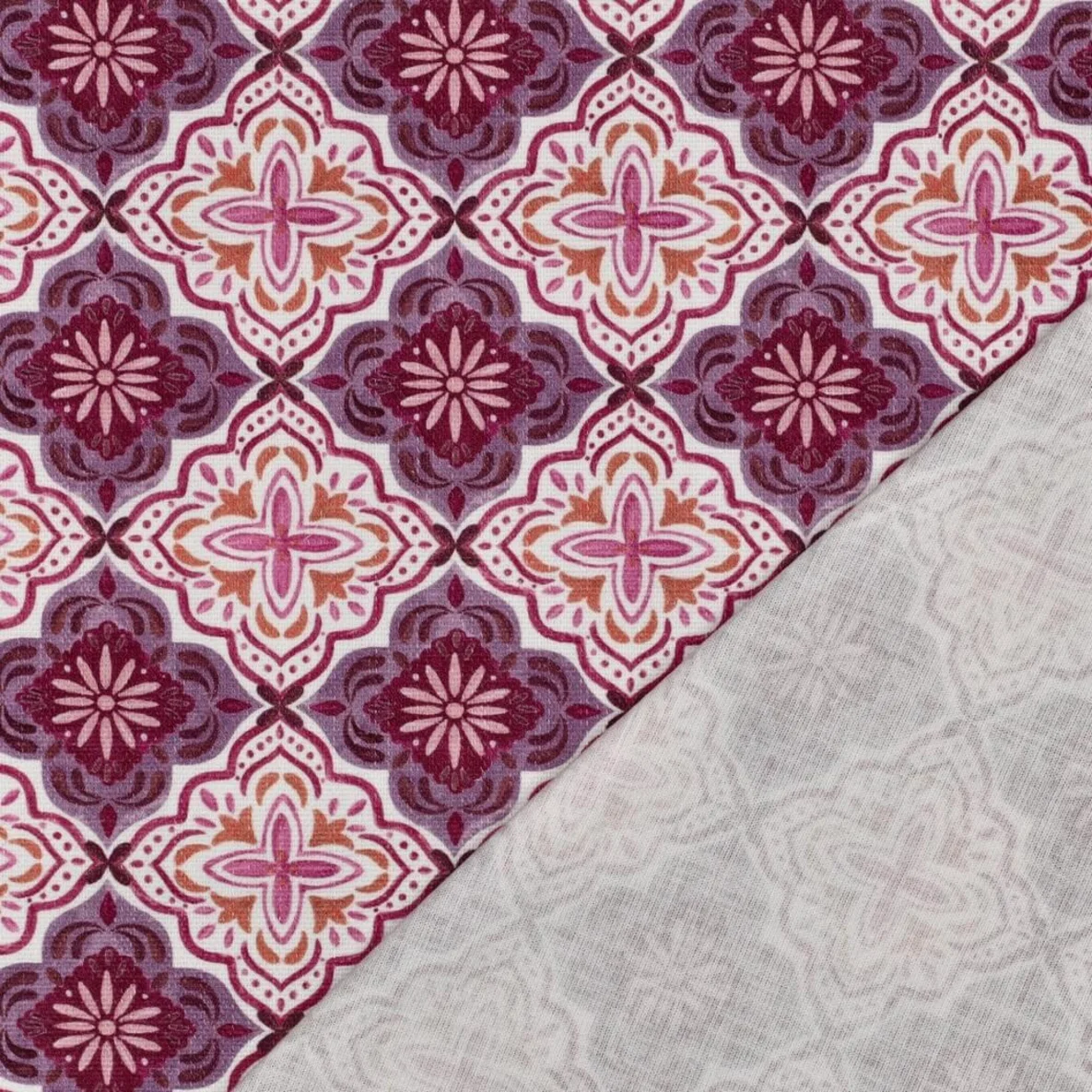 Baumwoll-Canvas Digitaldruck Slub Ornamente Blüten Weiß Lila