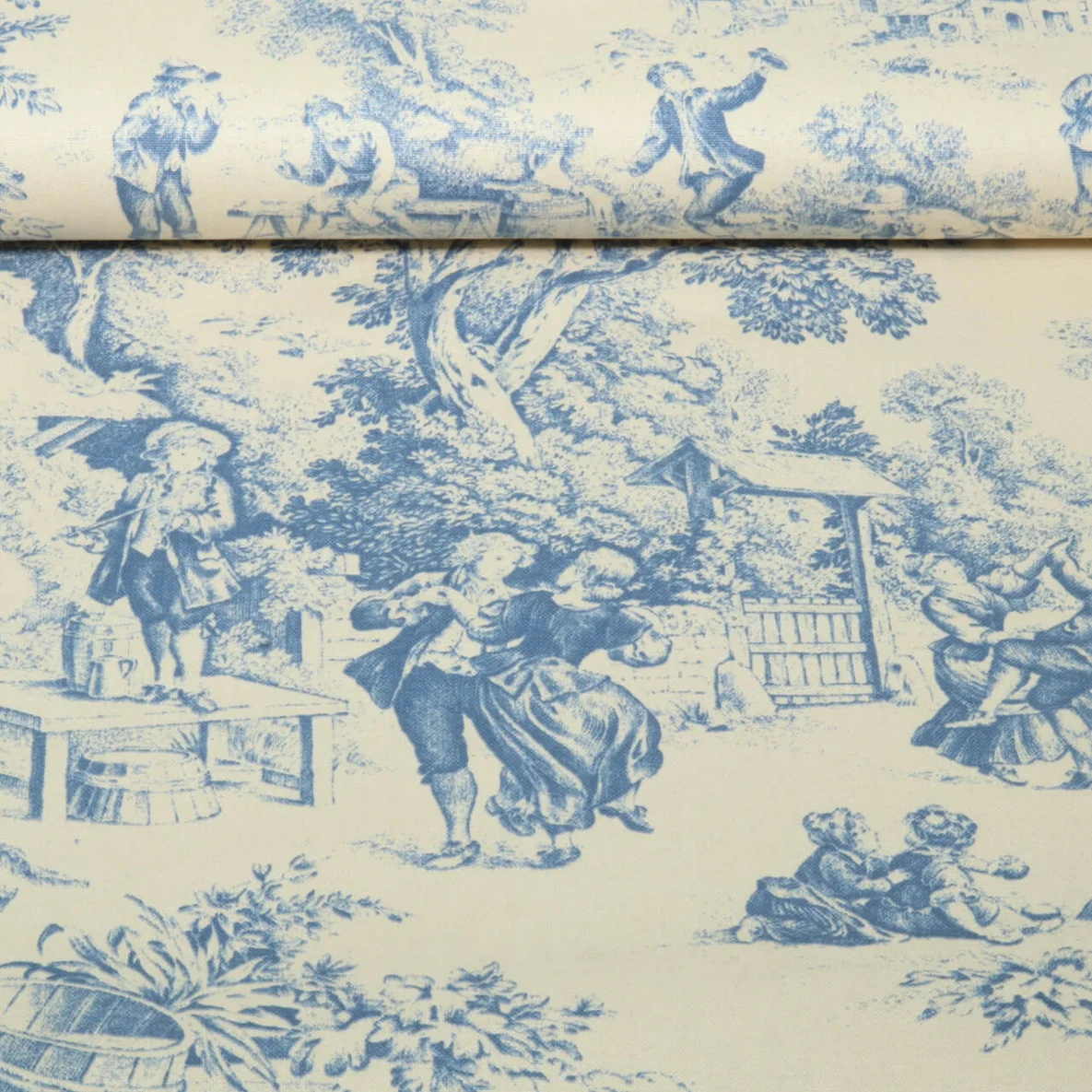 Baumwoll-Canvas Dorfleben Toile-de-Jouy Beige Blau